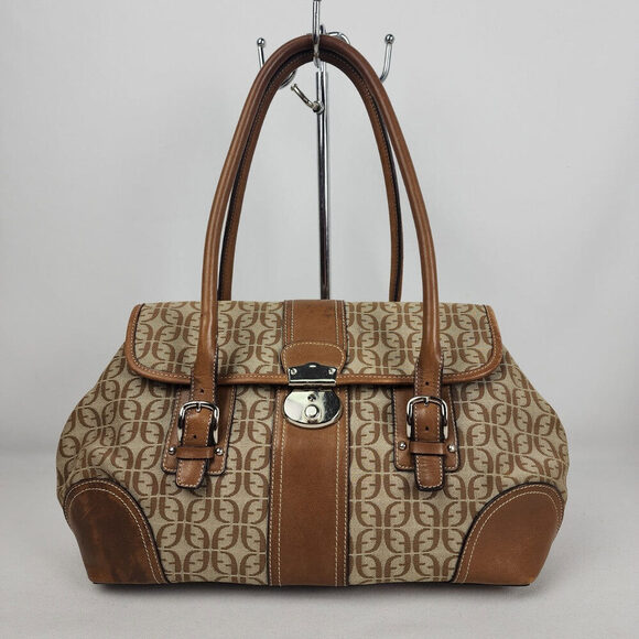Vintage Fossil Brown Monogram Leather Trimmed Satchel Purse - Picture 1 of 9